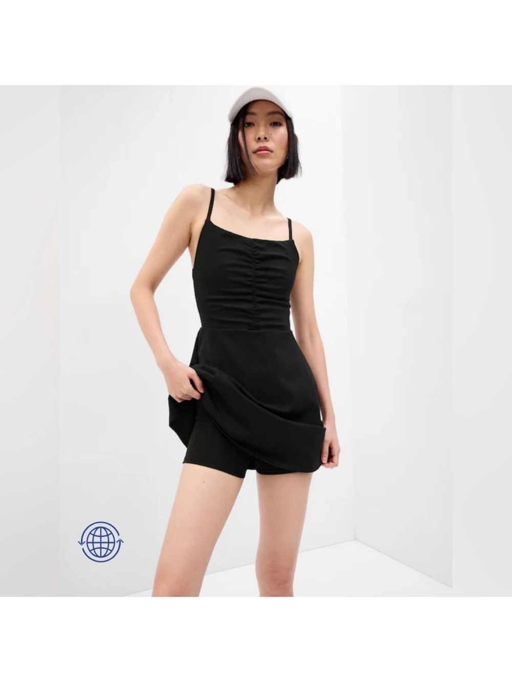 GAP GapFit Black Ruched Front Spaghetti Strap Mini Exercise Athleisure Dress